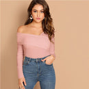 SHEIN Weißes asymmetrisches Hals-festes T-Stück Rippenstrick Slim Fit Party Casual Pullover Langarmshirt 2018 Herbst Damen T-Shirt Top