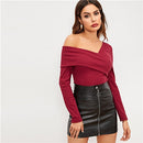 SHEIN Weißes asymmetrisches Hals-festes T-Stück Rippenstrick Slim Fit Party Casual Pullover Langarmshirt 2018 Herbst Damen T-Shirt Top