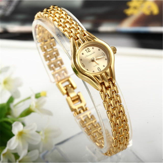 Frauen-Armband-Uhr Mujer goldene Uhren kleine Vorwahlknopf-Quarz-Freizeit-Uhr populäre Armbanduhr Stunde weibliche Damen elegante Uhren