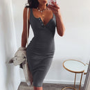 WannaThis knielanges Kleid gestrickt elastisch ärmellos figurbetont elegant Damen 2019 Sommer sexy V-Ausschnitt Button Party Slim Kleider