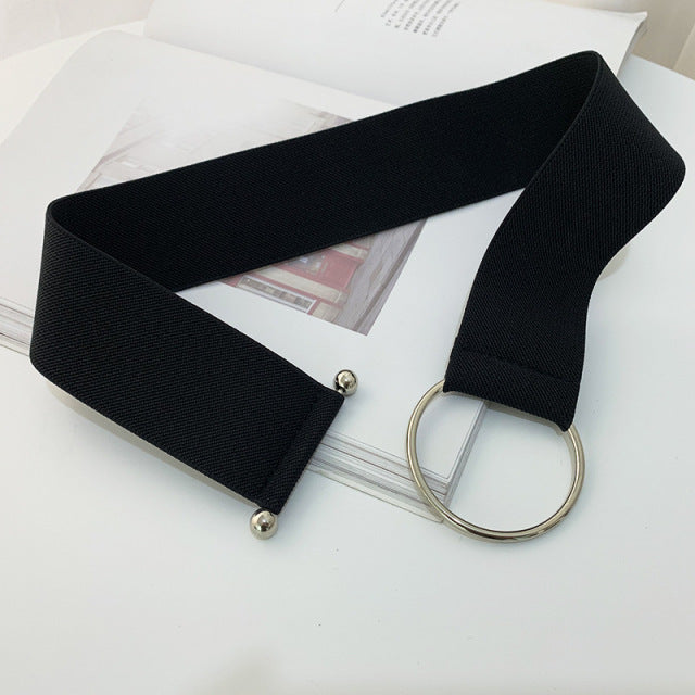 Cinturones para mujer Negro Cintura simple Elástico Señoras Banda Hebilla redonda Decoración Abrigo Suéter Vestido de moda Arroz Blanco