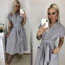 Bürodame Frauen Casual Schärpen A-Linie Kleid Damen Kurzarm V-Ausschnitt Sommerkleid 2020 Mode Midi Partykleid Vestidos