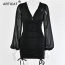 Articat Chiffon Sommer Herbst Kleid Frauen 2020 Sexy Langarm Schlank Elastische Bodycon Verbandkleid Kurze Plissee Partykleider