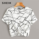 SHEIN Twist Hem Cross Wrap Saum Geo Print Crop Top Damen Sommer Casual Slim Fit Bluse Kurzarm Damen Tops und Blusen