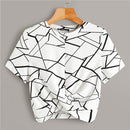 SHEIN Twist Hem Cross Wrap Saum Geo Print Crop Top Damen Sommer Casual Slim Fit Bluse Kurzarm Damen Tops und Blusen