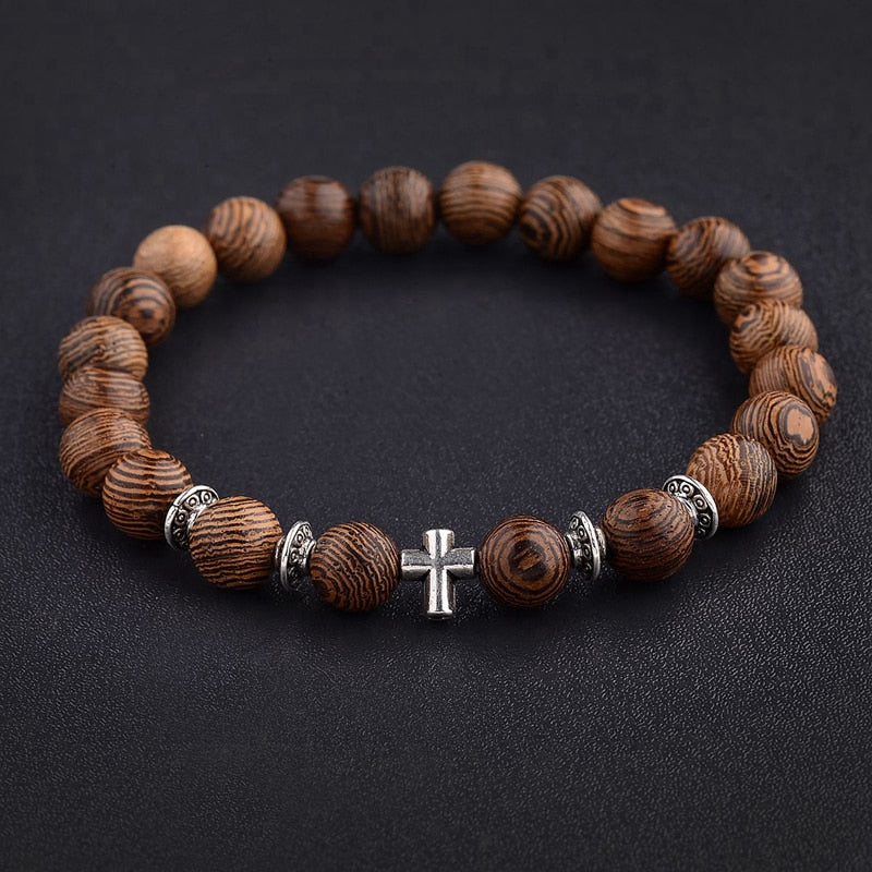 Hot Men Natural Wood Beads Cross Bracelets Onyx Meditation Prayer Bead Bracelet Women Wooden Yoga Jewelry Homme