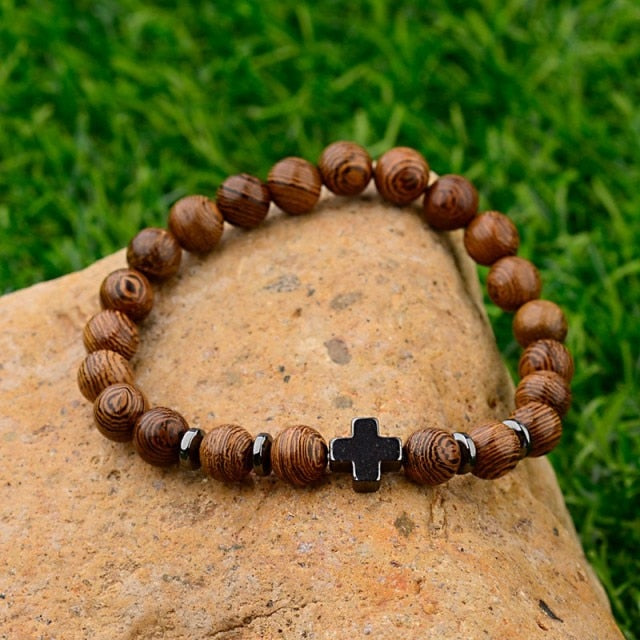 Pulseras cruzadas de cuentas de madera Natural para hombre, pulsera de cuentas de oración de meditación de ónix, joyería de madera para Yoga para hombre