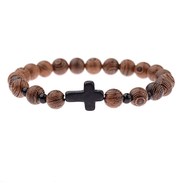 Pulseras cruzadas de cuentas de madera Natural para hombre, pulsera de cuentas de oración de meditación de ónix, joyería de madera para Yoga para hombre