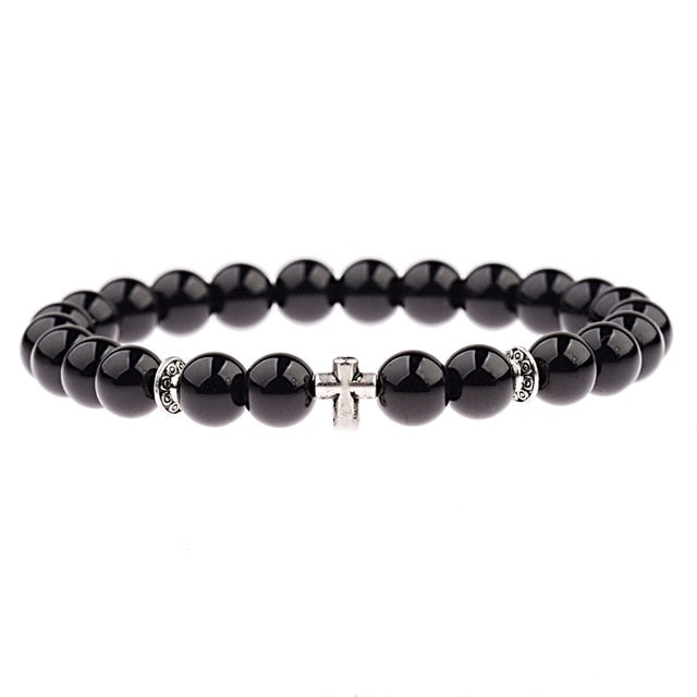 Hot Men Natural Wood Beads Cross Bracelets Onyx Meditation Prayer Bead Bracelet Women Wooden Yoga Jewelry Homme