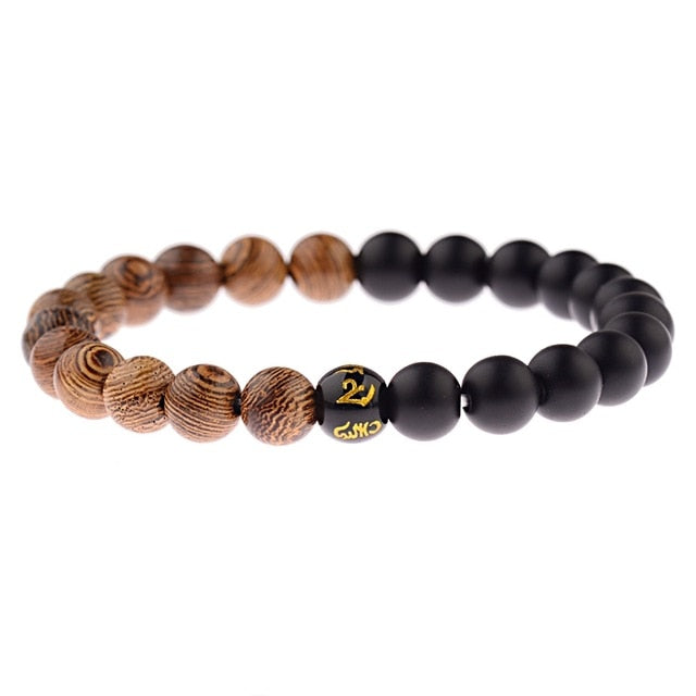 Pulseras cruzadas de cuentas de madera Natural para hombre, pulsera de cuentas de oración de meditación de ónix, joyería de madera para Yoga para hombre