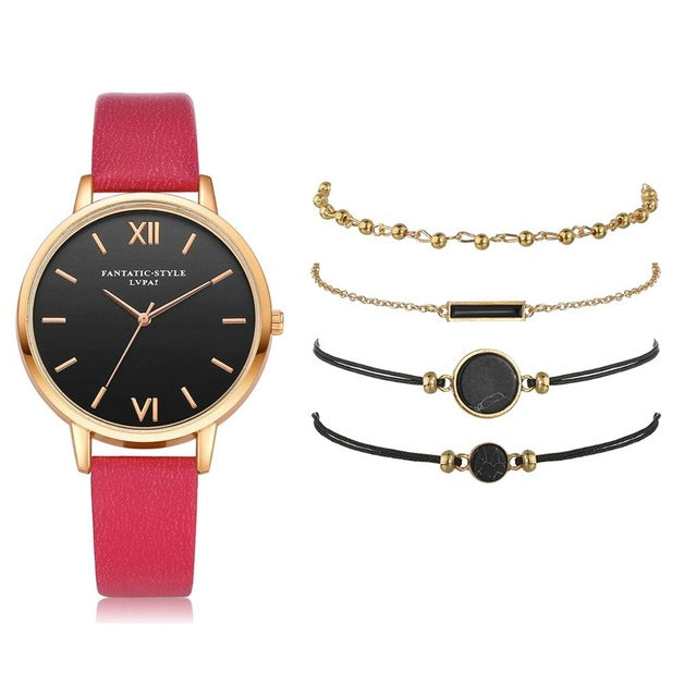 Conjunto de reloj para mujer, 5 uds., reloj de pulsera de cuarzo para mujer, pulsera de cuero para mujer, reloj de lujo, reloj informal para mujer, regalo para novia