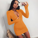 Frauen Winter Herbst Bodycon Geripptes Kleid 2020 Neu Stehkragen Reißverschluss Tiefer V-Ausschnitt Solide Stretch Bodycon Pencil Party Mini Vestido