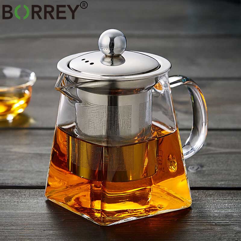 Tetera de vidrio resistente al calor BORREY con filtro Infusor de té de acero inoxidable, tetera de té de flores, juego de té de Kung Fu, tetera Puer Oolong