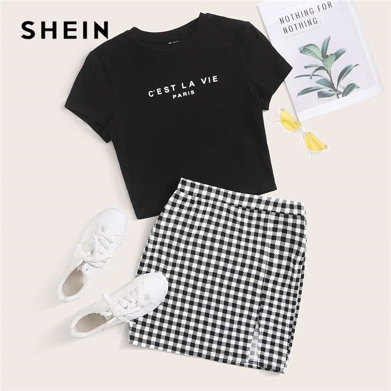SHEIN Black and White Slogan Graphic Top and Split Hem Gingham Skirt 2 Piece Set Women Summer Casual Plaid Two Piece Sets