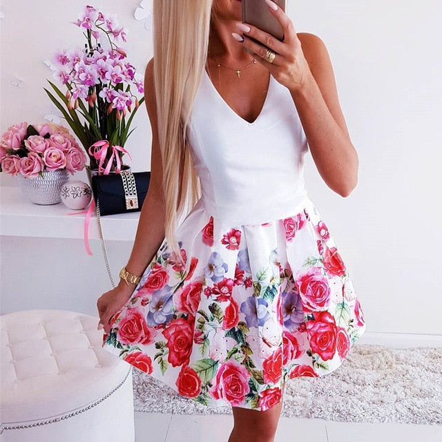 Frauen Sommer Blumen bedrucktes A-Linie Kleid O-Ausschnitt / V-Ausschnitt ärmelloses Minikleid elegante Dame Steetwear Partykleid (ohne Gürtel)