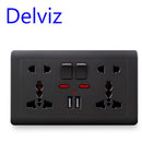 Delviz USB-Steckdose nach EU-Standard, graues eingebettetes Bedienfeld, 2,1 A, zwei USB-Anschlüsse, AC 110-250 V, UK-Wandsteckdose, universelle 5-Loch-Steckdose