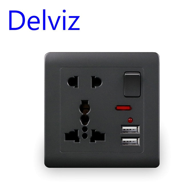 Delviz USB-Steckdose nach EU-Standard, graues eingebettetes Bedienfeld, 2,1 A, zwei USB-Anschlüsse, AC 110-250 V, UK-Wandsteckdose, universelle 5-Loch-Steckdose
