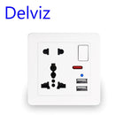 Delviz USB-Steckdose nach EU-Standard, graues eingebettetes Bedienfeld, 2,1 A, zwei USB-Anschlüsse, AC 110-250 V, UK-Wandsteckdose, universelle 5-Loch-Steckdose