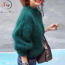Suéter de cuello alto grueso de Mohair blanco Otoño Invierno dulce moda linterna manga Casual Color sólido pulóver pull femme