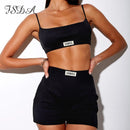 FSDA Summer Ribber Damen Set Weißes Spaghettiträger Crop Top und Mini Biker Shorts Stickerei Zweiteiler Sexy Outfit Party