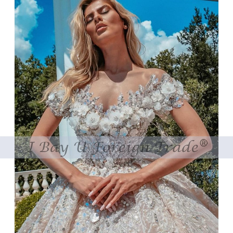 Luxus schiere Champagner Tüll Brautkleid sexy schulterfrei volle Perlenstickerei Braut Ballkleid 2020 nach Maß Vestido De Noiva