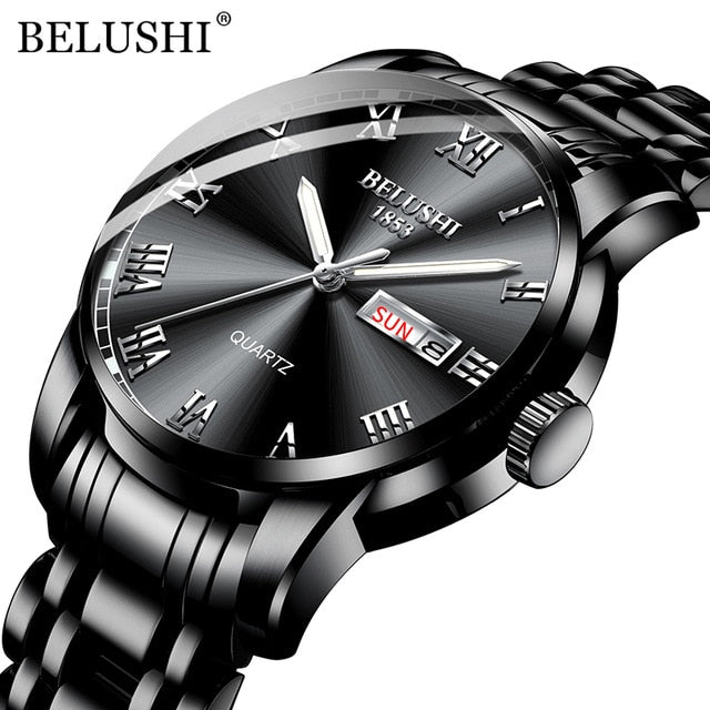 BELUSHI marca superior de lujo para hombre relojes luminosos a prueba de agua reloj de acero inoxidable cuarzo hombres fecha calendario reloj de pulsera de negocios