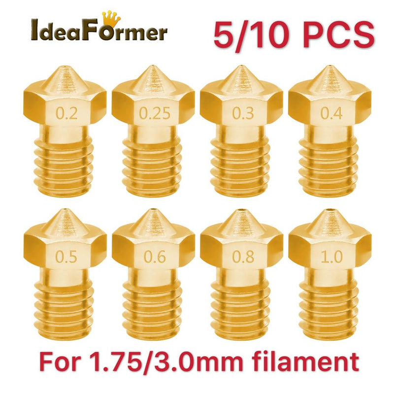5/10 Stück 3D-Drucker V6 M6 Messingdüse mit Gewinde 0,2/0,25 0,3/0,4/0,5/0,6/1,0 mm für 1,75/3,0 mm Filament E3D V5 V6 Hotend Extruder