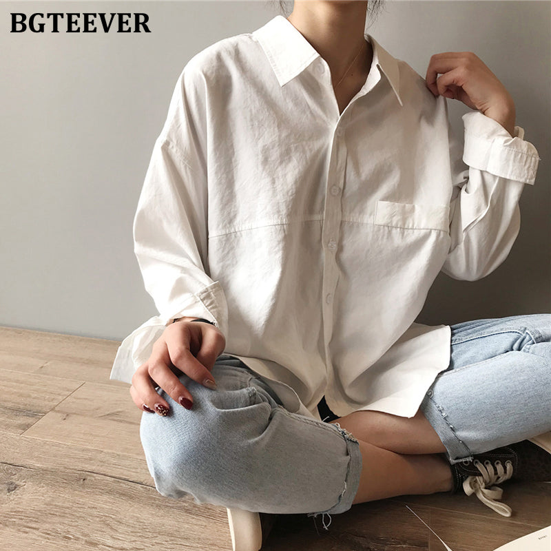 BGTEEVER Minimalistische Lose Weiße Hemden für Frauen Umlegekragen Solide Weibliche Hemden Tops 2020 Frühling Sommer Blusen