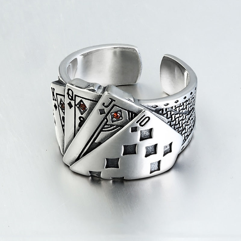 Naipes Chunky Cubic Zirconia grabado ajustable 925 anillo de plata esterlina para hombres Vintage joyería al por mayor