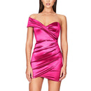 JillPeri Damen One-Shoulder-Trägerloses Partykleid Solide Stretchhülle Elegantes Promi-Outfit Club Wear Satinkleid