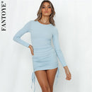 FANTOYE Cotton Full Sleeve Dress 2020 Autumn New Women Fold Ruched Drawstring Slim Mini Dress Casual Streetwear O-Neck Dresses