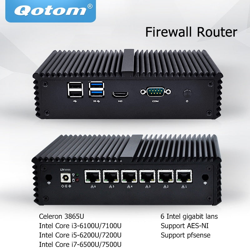 QOTOM Mini PC Core i3 i5 i7 Fanless VPN Computadora 6 Gigabit Ethernet AES-NI OPNsense Firewall Ubuntu Sophos Q555G6 Q575G6