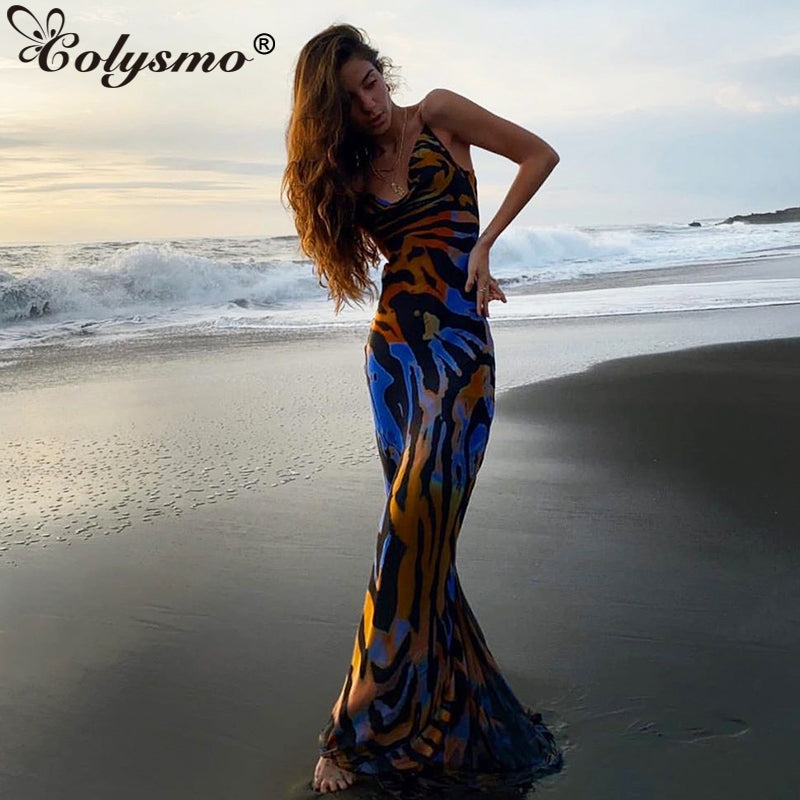 Colysmo Print Maxi Dress Women Sexy Low Cut Cowl Neck Back Lace Up Sexy Dresses Seaside Party Club Wear Long Dress 2020 New