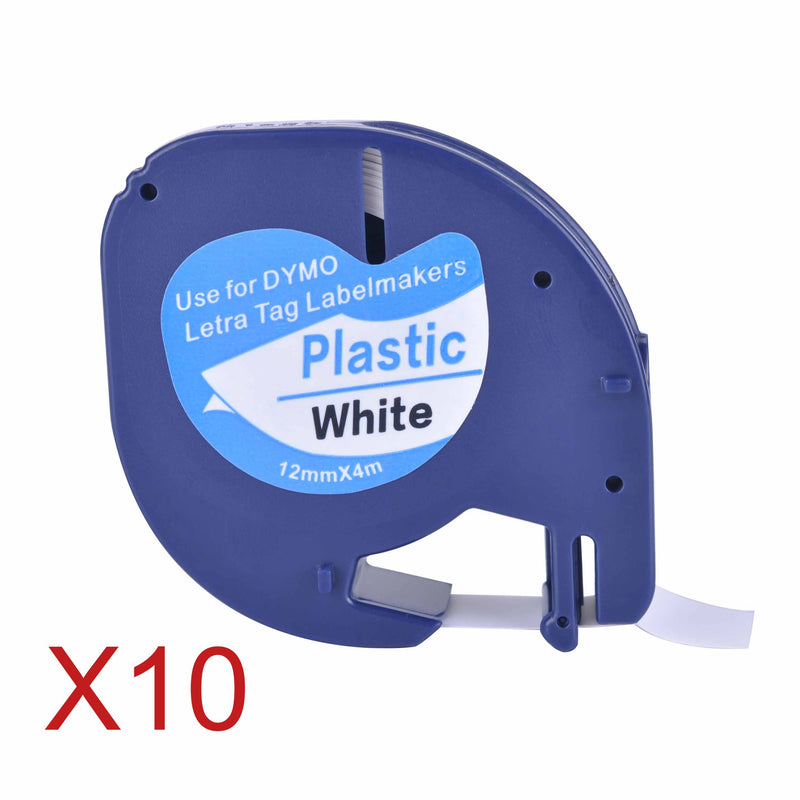 10 kompatible Dymo LetraTag 91201 Schwarz auf Weiß (12 mm x 4 m) Kunststoff-Etikettenbänder 91201 91221 59422 S0721660