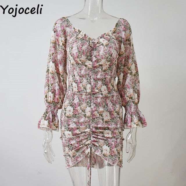 Yojoceli sexy floral print shirred dress women square neck long sleeve slim mini dress chiffon dress