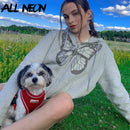 ALLNeon Y2K Mode Übergroße Schmetterlingsgrafik Strass Reißverschluss Hoodies E-Mädchen 90er Streetwear Diamantgrau Lange Jacke Herbst