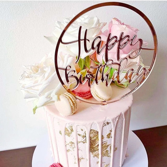 Neue farbige Blumen Happy Birthday Cake Topper Golden Acryl Geburtstagsfeier Dessert Dekoration für Babyparty Backzubehör