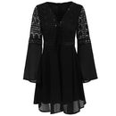Anself Sexy Damen Kleid V-Ausschnitt Aushöhlen Langarm Mini Chiffon Kleid Elegantes Weißes Boho Frauenkleid Lässige Spitze Vestido