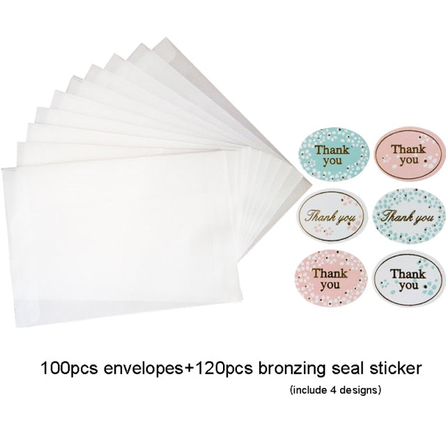 100pcs/lot Blank Translucent Pergamentumschläge DIY Multifunktions-Geschenkkartenumschlag mit Siegelaufkleber für Hochzeitsgeburtstag