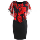 Plus Size Womens Dress Elegant Office Lady Rose Flower Print Cape Bodycon Knee Length Dress
