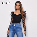 SHEIN Sweetheart Neck Polka Dot Flocked Mesh Gigot Sleeve Top Damen Herbst T-Shirts Solide, schmal geschnittene, elegante T-Shirts