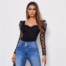 SHEIN Sweetheart Neck Polka Dot Flocked Mesh Gigot Sleeve Top Damen Herbst T-Shirts Solide, schmal geschnittene, elegante T-Shirts