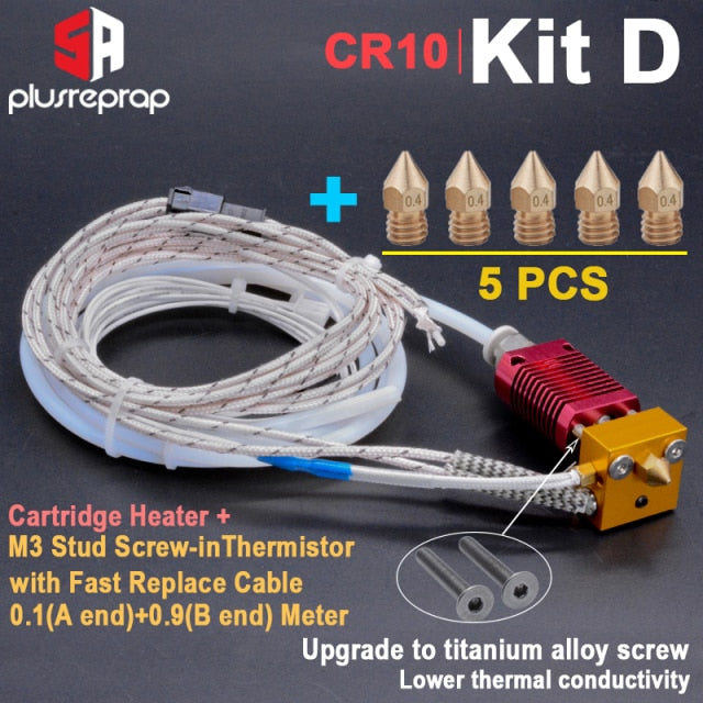 Ender-3/CR10/CR10S 1,75mm j-head Hotend kit bloque de calor de aluminio con termistor de calentador para impresora 3D con pieza de boquilla de 0,4mm