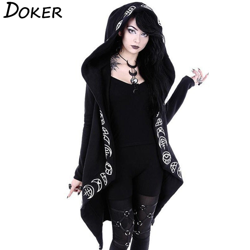 Gothic Punk Black Long Women Hoodies Sweatshirts 2020 Autumn Moon Print Long Sleeve Hoodie Women Loose Coat Hooded Sweatshirt