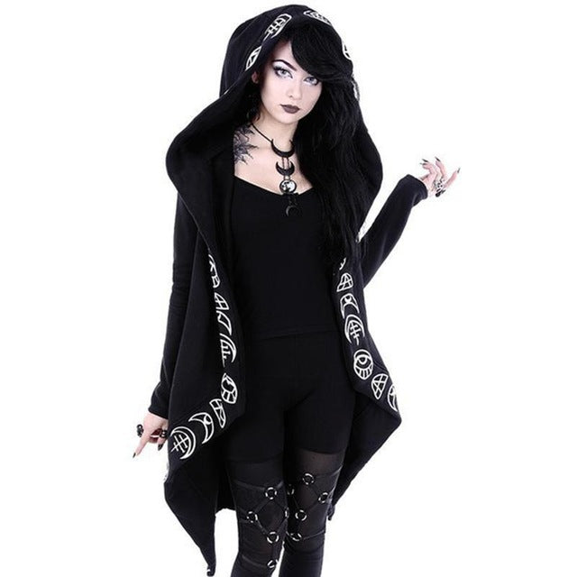 Gothic Punk Black Long Women Hoodies Sweatshirts 2020 Autumn Moon Print Long Sleeve Hoodie Women Loose Coat Hooded Sweatshirt