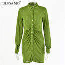 Julissa Mo Herbst Geraffte Langarm Bodycon Kleid Frauen Umlegekragen Sexy Minikleid Weibliche Taste Dünne Party Vestidos 2020