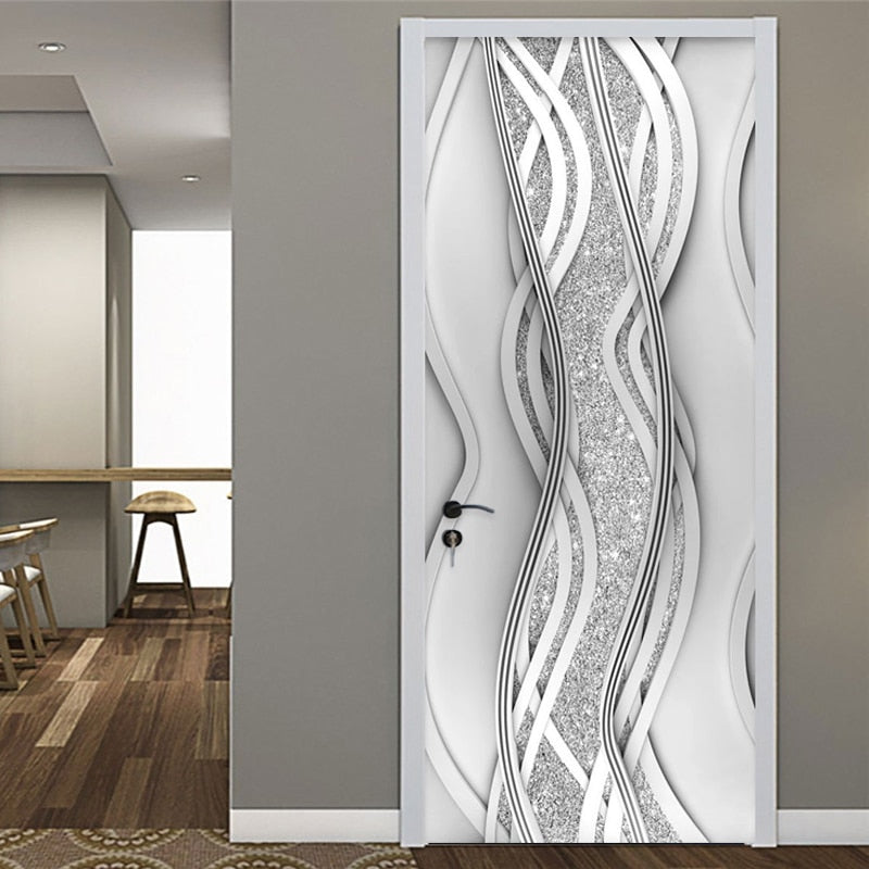 Adhesivo de puerta de PVC moderno 3D línea de moda abstracta papel tapiz de perlas plateadas arte de sala de estar cartel de puerta autoadhesivo Mural pegatinas