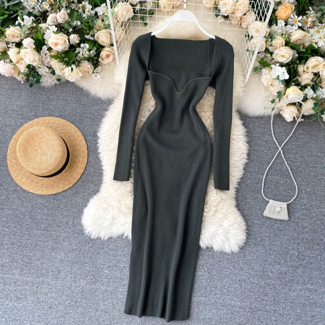 Croysier Kleider für Frauen 2020 Sexy trägerloses geripptes gestricktes, figurbetontes Kleid Frauen Winter Langarm Midi Pullover Kleid Kleidung