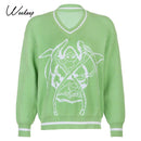 Weekeep Y2K Chic Print Streetwear Übergroßer Pullover Damen Casual Herbst Winter Strickpullover Mode Lose Strickwaren Pullover