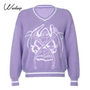 Weekeep Y2K Chic Print Streetwear Übergroßer Pullover Damen Casual Herbst Winter Strickpullover Mode Lose Strickwaren Pullover